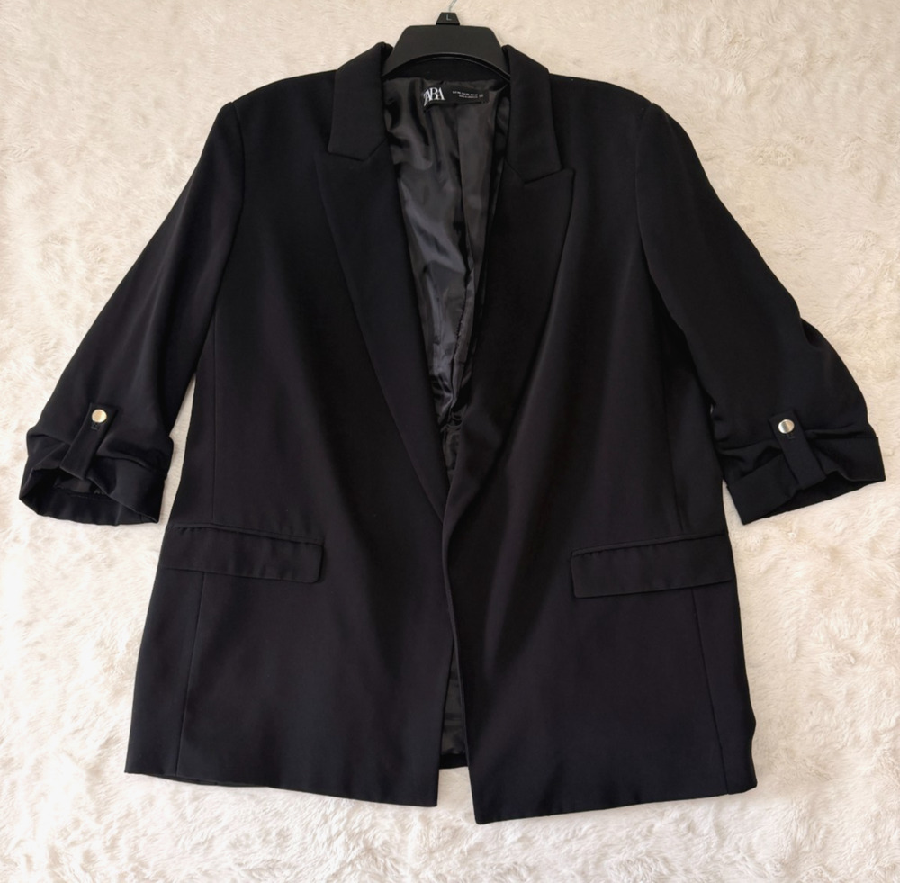 Zara Women’s XXL BLack Blazer Open Front 3/4 Sleeve Quiet Luxury Minimalist